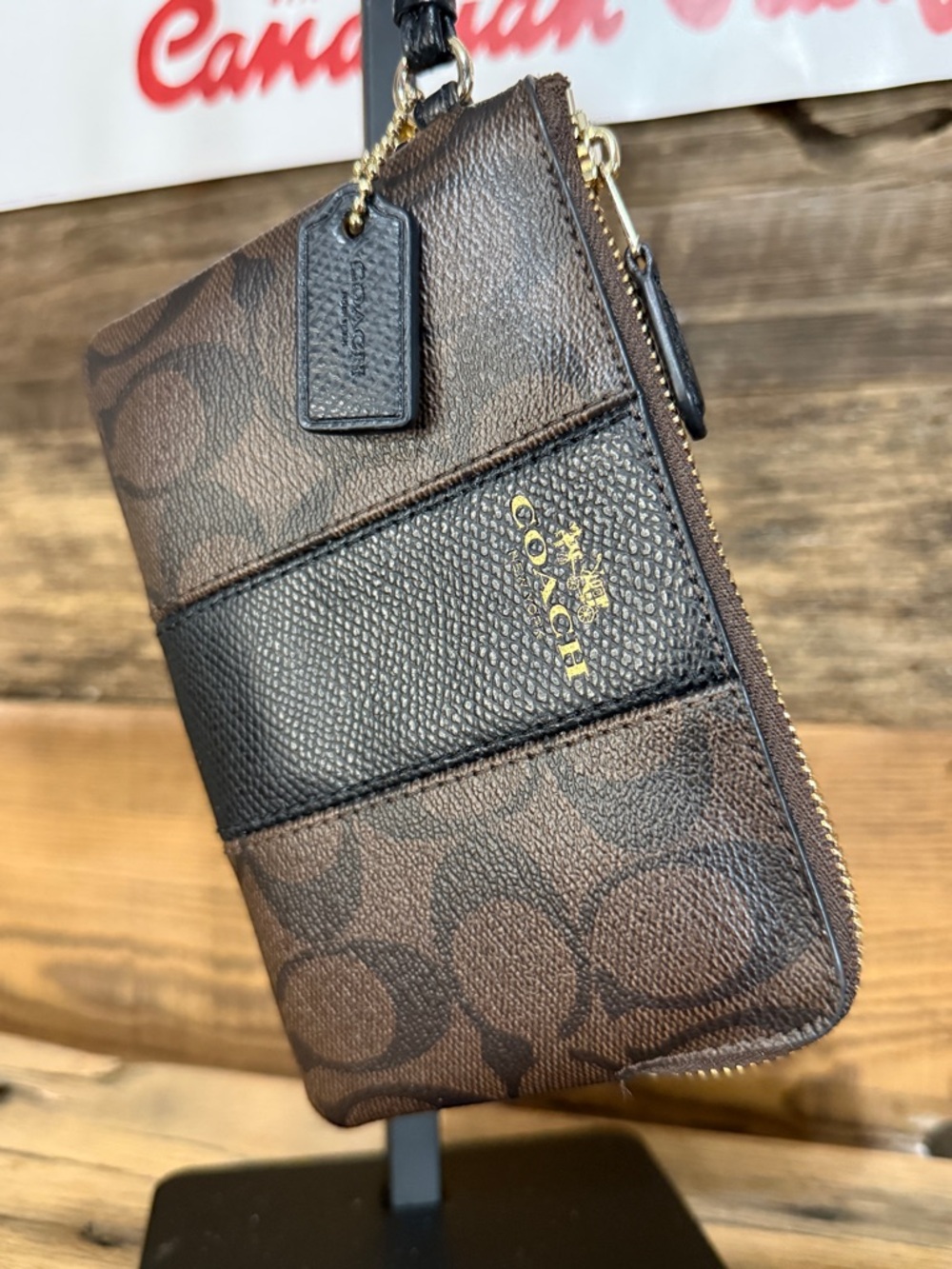 Coach Brown and Black Signature Zip Wristlet with Gold Hardware - Picture 4 of 5